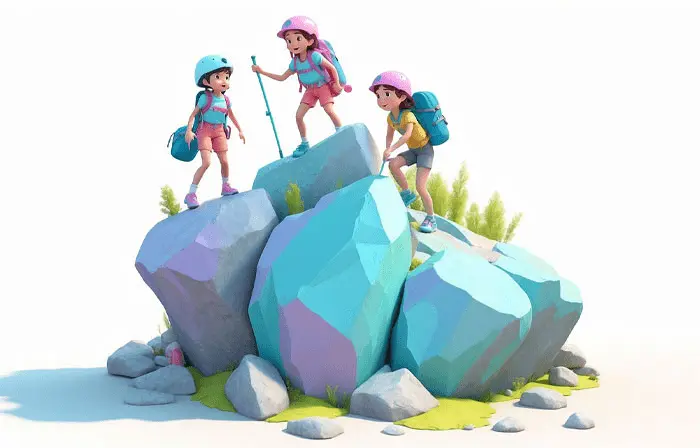 Group of Mountain Trekking Girls 3D Character Cartoon Illustration image